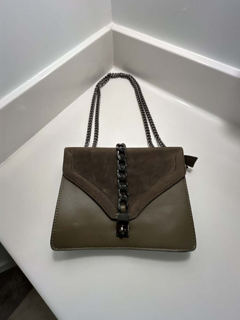 Topshop Olive Green Suede and Leather Mix Crossbody Bag with Chain Detail